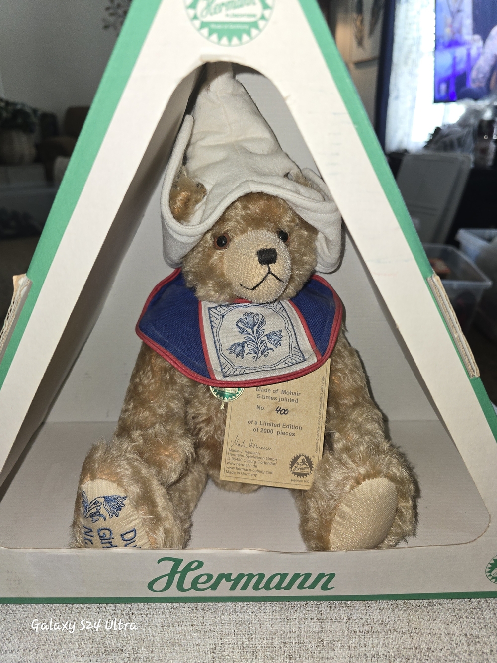 Hermann Limited Edition Tan Mohair Bear with Blue & White Sailor Collar